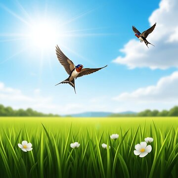 Two Swallows Flying Over a Sunny Green Meadow Keywords: swallow, birds, flying, flight, sky, blue