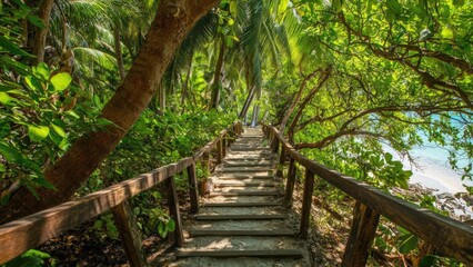 Obraz premium Wooden staircase winds through tropical jungle toward a sunny beach and turquoise sea. Concept Wooden Staircase, Tropical Jungle, Beach Path, Turquoise Sea, Sunny Beach