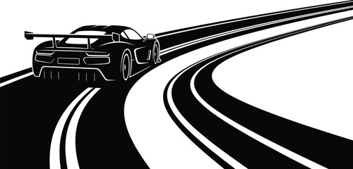 Black sports car racing on curved highway, minimalist vector illustration, speed motion concept, luxury automotive silhouette artwork © Rekha