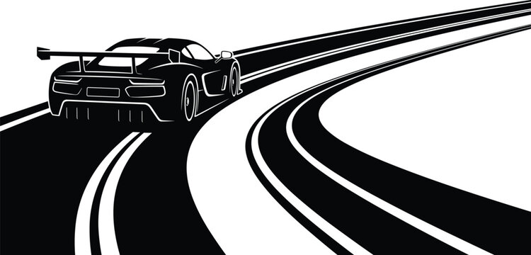 Black sports car racing on curved highway, minimalist vector illustration, speed motion concept, luxury automotive silhouette artwork
