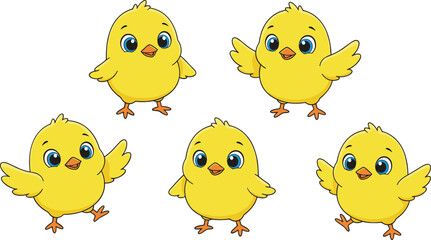 Cute yellow baby chick set in different poses for Easter spring farm animal illustration design © MdAbuSayed