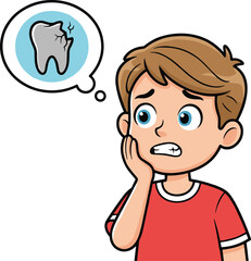 Obraz premium Sad boy suffering from toothache with cracked tooth symbol for dental pain and oral health illustration design