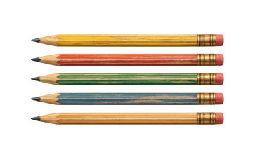 Fototapeta premium Five rustic colorful pencils with erasers, ideal for drawing, writing, and school supplies on a transparent background