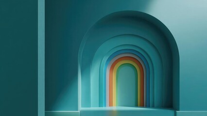Fototapeta premium Nested teal arches forming a rainbow tunnel. Concept Teal arches forming a rainbow tunnel, Nested archway installation, Rainbow tunnel backdrop