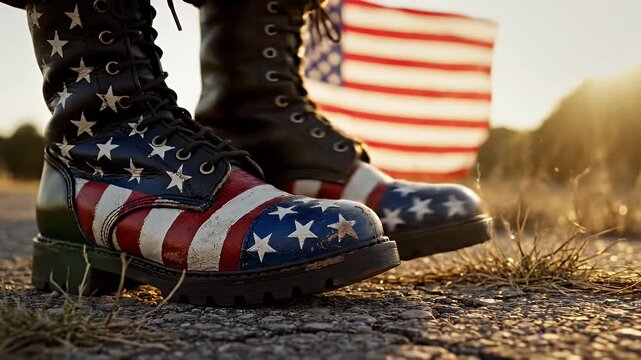 Patriotic Military Boot with American Flag - A close-up of a military-style boot featuring a painted design of the American flag, with a blurred flag in the background.