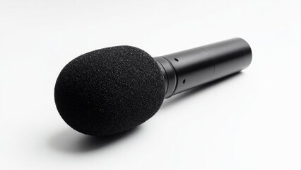 Close-up of a black handheld microphone with a foam windscreen. Concept Close-up of a black handheld microphone with a foam windscreen, Studio audio gear detail, Professional broadcasting microphone