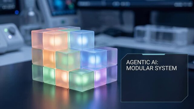 Agentic ai multi agent collaboration modular cube system with glowing cube matrix interface and gloved hand in futuristic laboratory environment