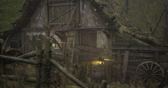 mossy wooden cottage at dusk glowing lantern overgrown fence and wet path surround weathered door, fog drifting through dense trees, warm interior light