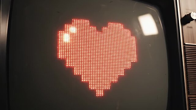 Pixel Heart on Retro TV Screen - Close-up of a vintage television screen displaying a glowing red pixelated heart. The retro technology adds a nostalgic feel.