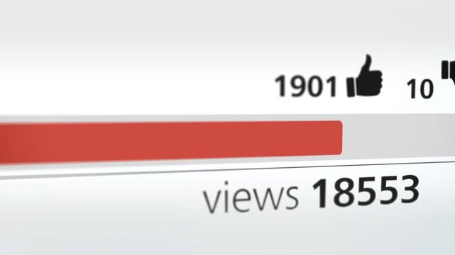 Clean close-up animation of online video player interface with view counter, like and dislike icons, and playback progress bar, illustrating audience engagement metrics in digital media.