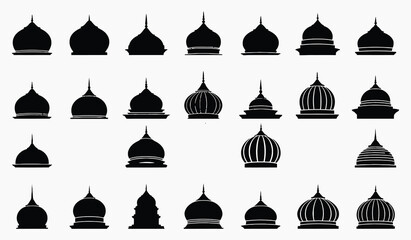Architectural Silhouette Symphony: A series of diverse domes are presented in sleek silhouette against a stark backdrop, celebrating architectural variety.