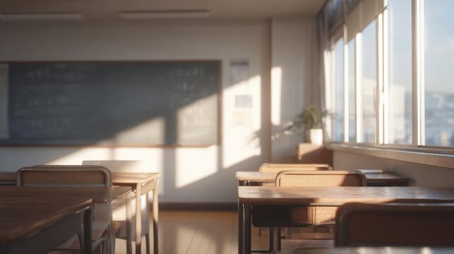 Empty classroom with wooden desks and chairs arranged in neat rows. the room has a large window on the right side, allowing natural light to enter the space.