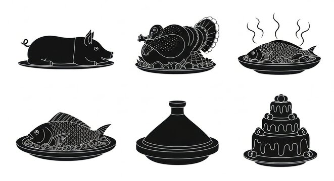 Collection of six monochrome icons depicting various cooked food dishes roasted pig, turkey, fish, and a tiered cake, along with a tagine pot and another fish dish