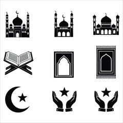 Sacred Icons of Faith: A collection of symbolic elements, including mosques, prayer rugs, the crescent moon with a star, and hands raised in reverence, embodies the essence of a revered culture. 
