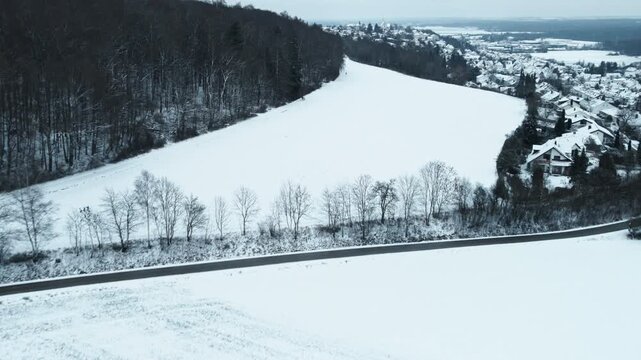 Forward-moving drone shot across a snow-covered field near Elchingen, with forest edge, roadside trees, and village rooftops in the distance under winter light.