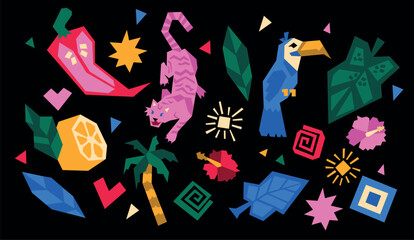 Obraz premium Tropical Vector Sticker Set – Jungle Animals, Exotic Fruits and Leaves