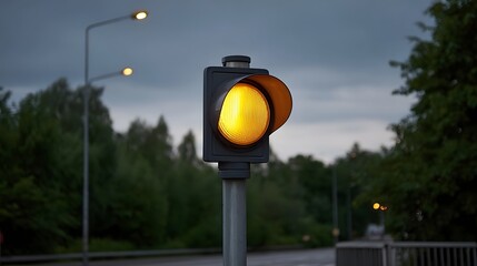 A traffic signal showing a glowing yellow light at dusk against a darkening sky
