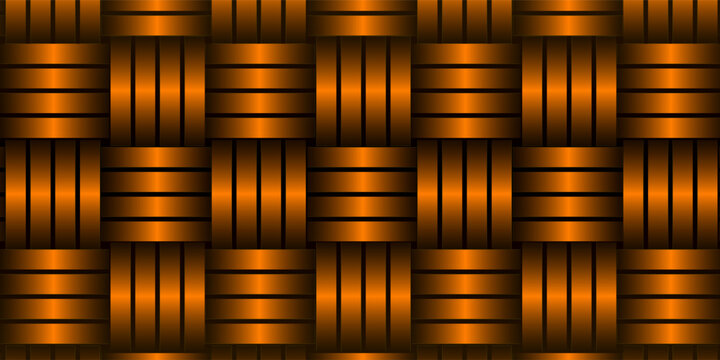Seamless woven basket pattern, interlocking rectangular strips, metallic copper and orange tones, smooth gradient shading. vector