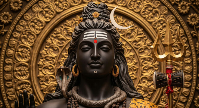 old metal vintage statue of the Hindu religious god Shiva with golden Trident, Hindu religious, Hindu festival Maha Shivratri concept