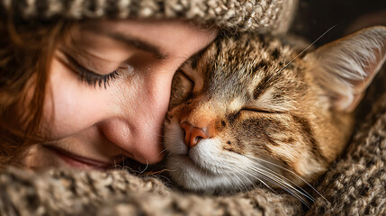 A woman is hugging two puppies. One of the puppies is brown and the other is white. The woman is wearing a gray sweater