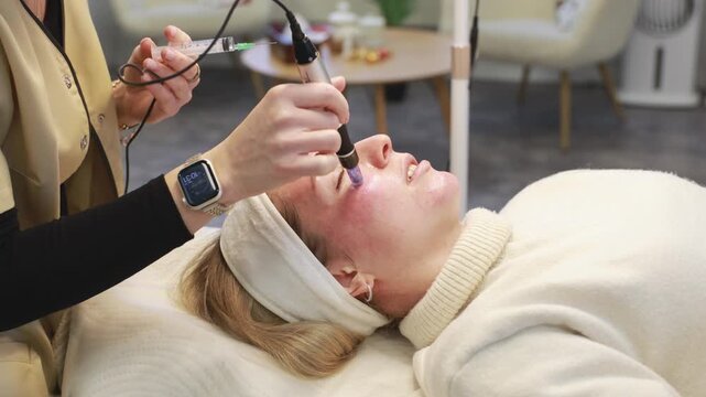 Johvi, Estonia &ndash; December 24, 2026: A woman undergoes an IPL facial cosmetic procedure using light-based aesthetic equipment in a beauty clinic. Real clinical environment during a professional cosmeto