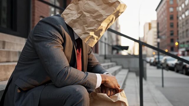 A stressed professional in a dark suit sits dejectedly on concrete city stairs, his face hidden by a crumpled paper bag. He holds another bag, conveying shame, anxiety, and overwhelm from urban