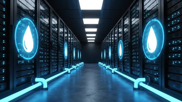 Data Center Servers with Glowing Drops.