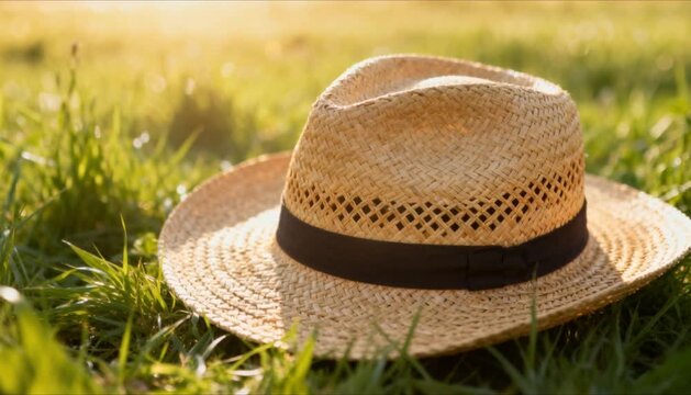straw hat resting on green grass field perfect for spring equinox