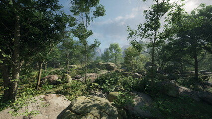 Fototapeta premium rocky forest trail under bright sky with dappled sunlight through leafy canopy, scattered boulders and exposed roots create dynamic route for trail runners