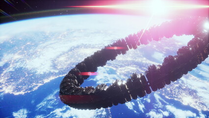 Obraz premium massive orbital ring station above Earth, dark torus studded with lights and construction rigs, sunrise rim lighting casts dramatic glow over curvature,