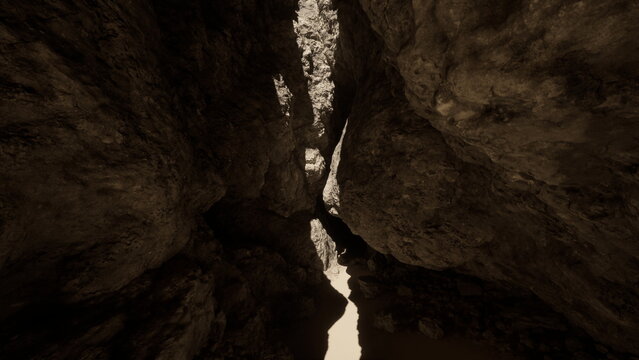 narrow canyon slit opening to bright sky, rugged rock walls converge around airy horizon, uplifting contrast between tight stone corridors and distant light,
