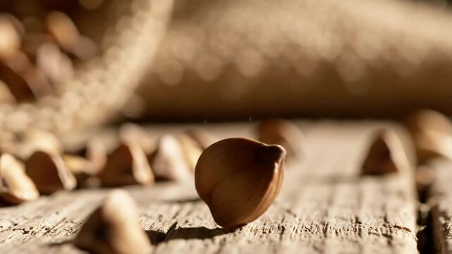 Scattered garlic cloves on a wooden surface with burlap background.