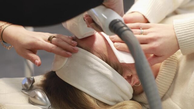 Johvi, Estonia &ndash; December 24, 2026: A woman undergoes an IPL facial cosmetic procedure using light-based aesthetic equipment in a beauty clinic. Real clinical environment during a professional cosmeto