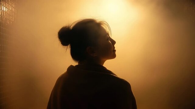 Person relaxing in steam spa room, warm mist and soothing light, stress relieving concept 