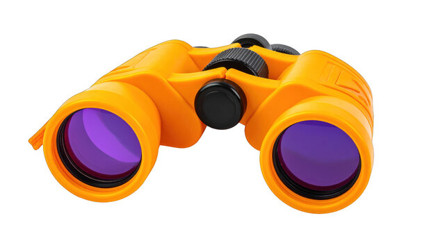 A pair of orange binoculars with purple lenses and black eyepiece adjustments on a white background viewed from the front