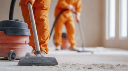 Workers in orange uniforms cleaning construction site with industrial vacuum cleaners