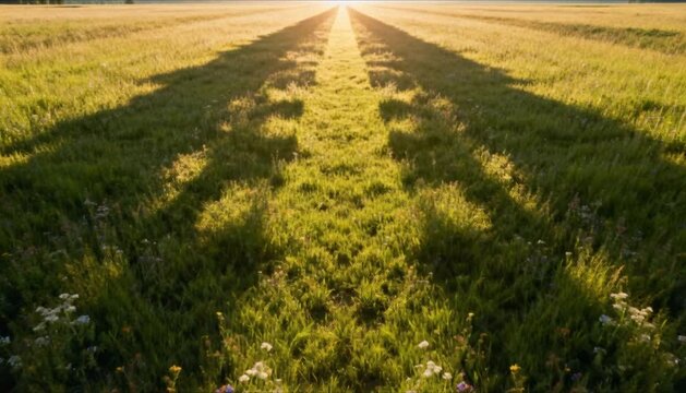 cinematic top down meadow panorama with symmetric sun path perfect for spring equinox