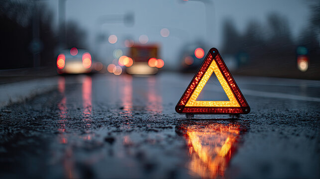 Wet road with blurred lights and a glowing warning triangle in the foreground