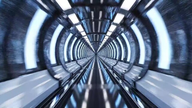 Futuristic tunnel with arched windows and parallel floor lines in sleek blue glow