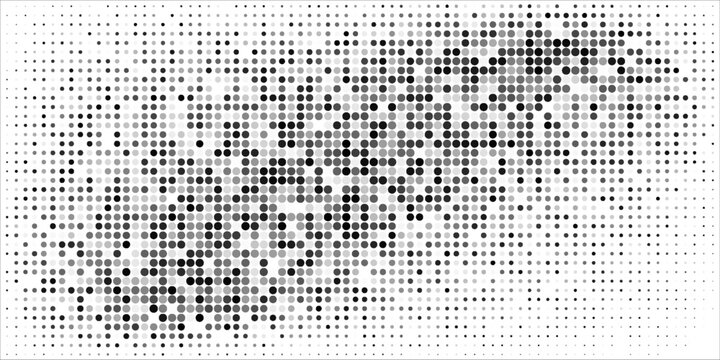 Circles background. Random dots. Black and white shades. Grey background for your design. Digital. Mosaic effect. Halftone vector.
