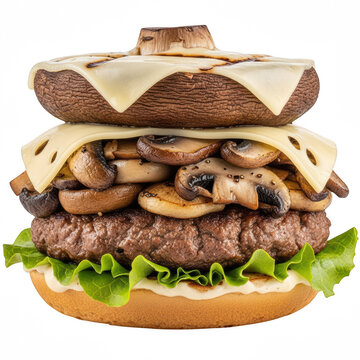 Gourmet mushroom Swiss burger with portobello mushroom bun, juicy patty, saluted mushrooms and melted cheese, isolated on transparent background
