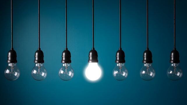 A single glowing light bulb hangs out from a row of unlit bulbs against a dark blue background
