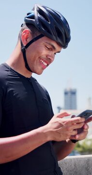 Man, phone and smart watch with bicycle in city for exercise, smile and fitness app on bridge. Person, bike and cycling with smartphone for training, iot or timer for cardio challenge in urban town