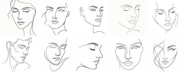 Set of minimalist line art face portrait vectors on white background.