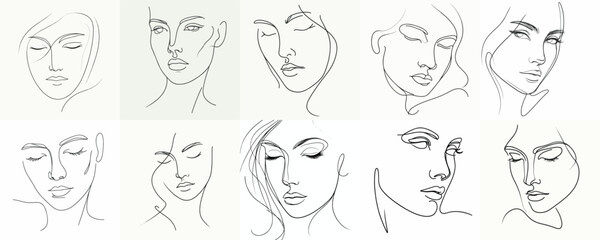 Set of minimalist line art face portrait vectors on white background.