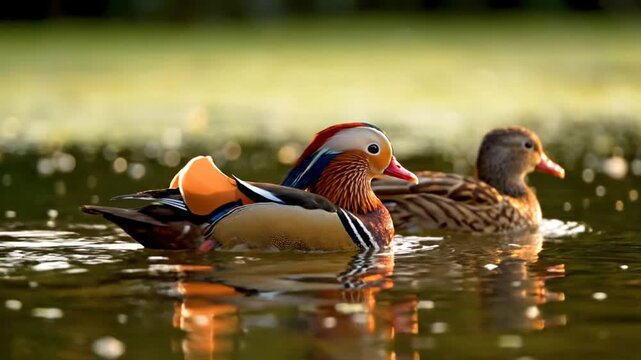 Two mandarin ducks swimming gracefully on a serene pond, showcasing their vibrant plumage and tranquil movements.