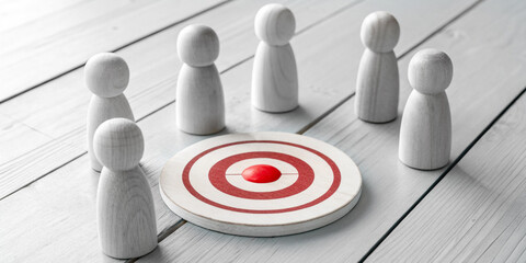 Concept of planning and business development direction with success goals with wooden figures standing around a red circular target.
