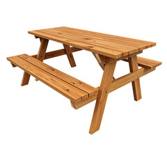 Wooden picnic table with benches, one piece wood furniture for outdoor dining isolated on white background 3d rendering