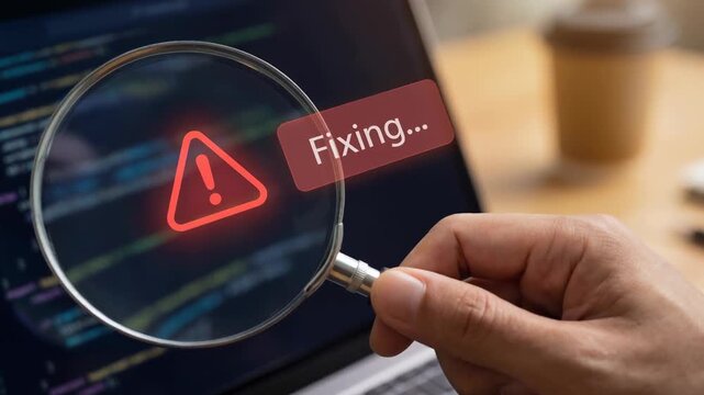 Ai debugging tool use coding error alert warning under magnifying glass on laptop screen agentic ai tool use debugging code fixing screen