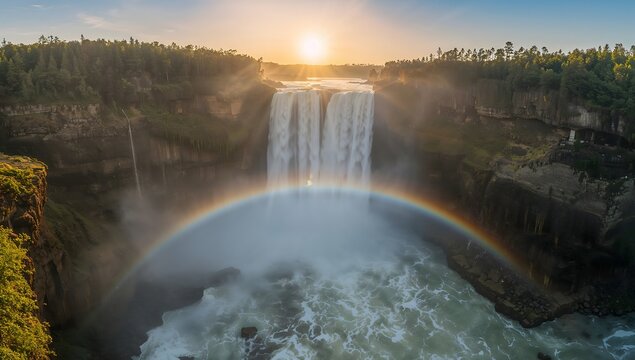 Majestic waterfall with rainbow and sun rays at sunset